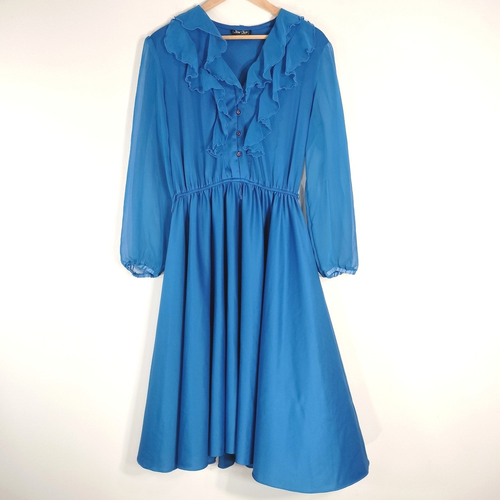 Jen-Jen Blue Midi Dress; Vintage Ruffle V-Neck Sheer Long Sleeve